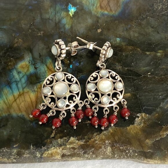 Sterling Silver 925 White Mother Of Pearl Red Beaded Chandelier Dangle Earrings - Picture 8 of 16